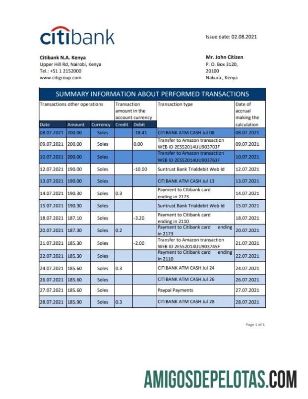 Extrato bancário do Quênia Citibank para impressão, modelo fácil de preencher em formato de arquivo .xls e .pdf